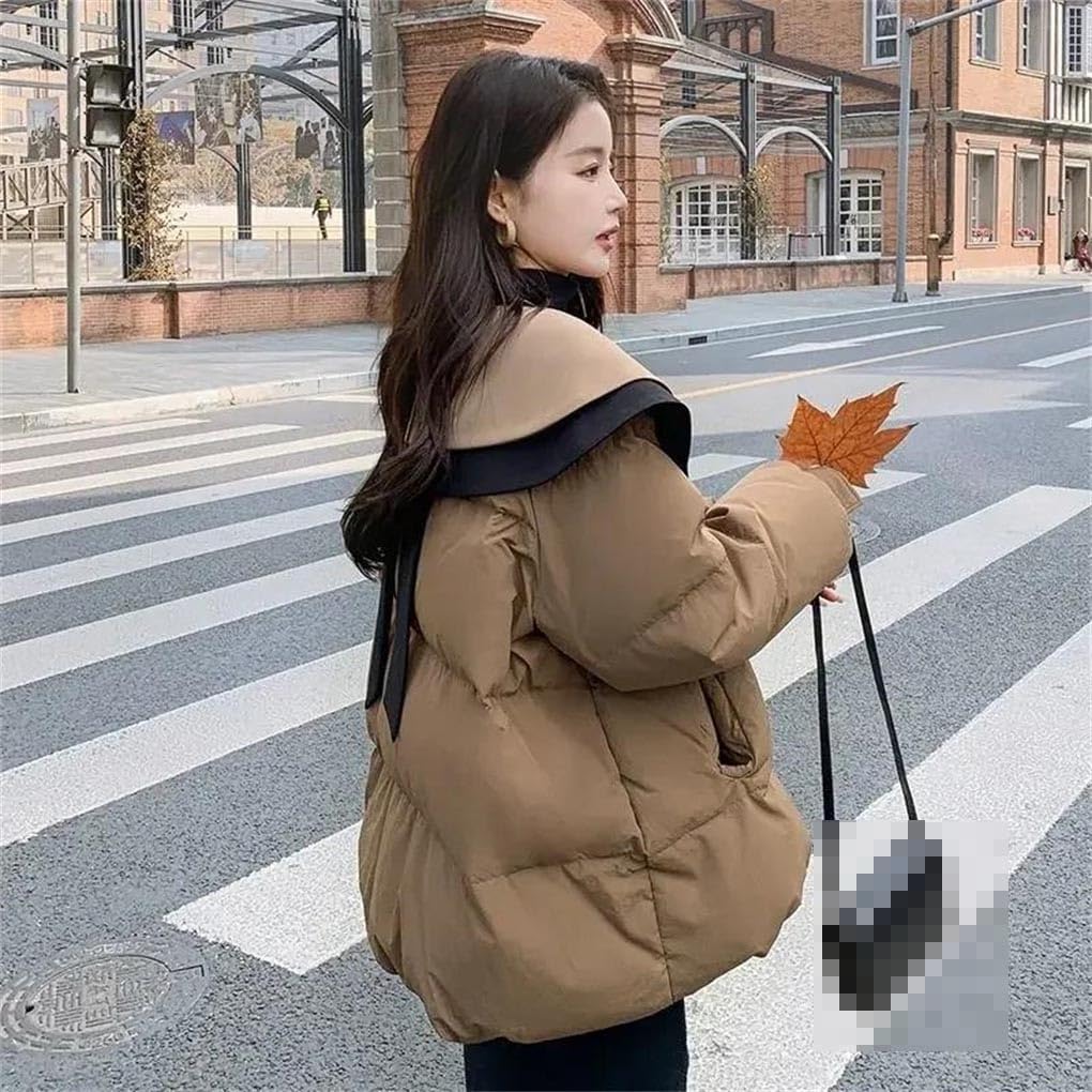 Women's French Turn-Down Collar Puffer Jacket Winter Loose Long Sleeve Warm Down Cotton Outerwear