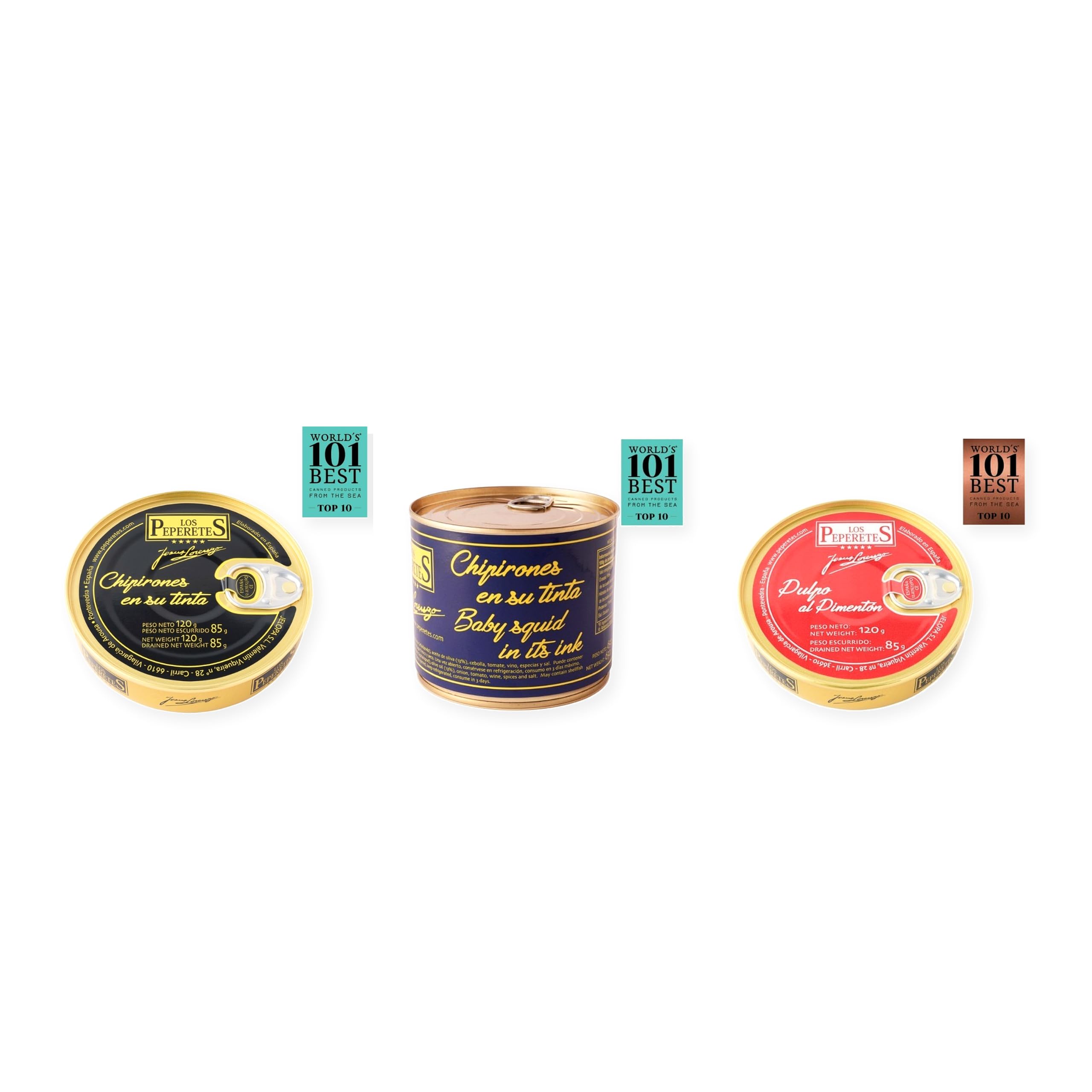 los peperetes conservas Chipirones Tinta 120g, Chipirones Tinta 460g y Pulpo Pimentón pack 3 latas