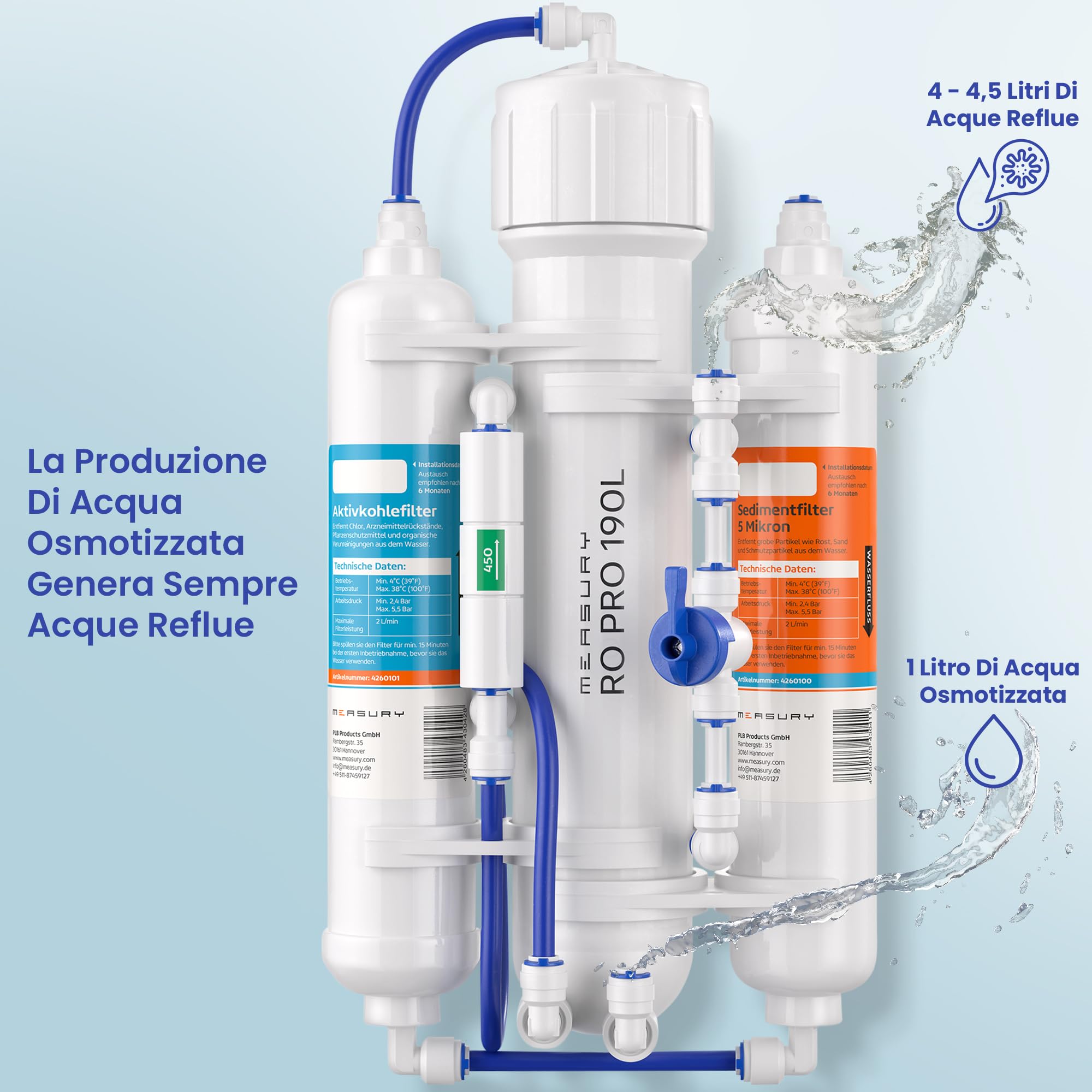 Measury Impianto Osmosi Inversa Acquario - Acqua Osmotica per Acquario (50G / 190L al Giorno)