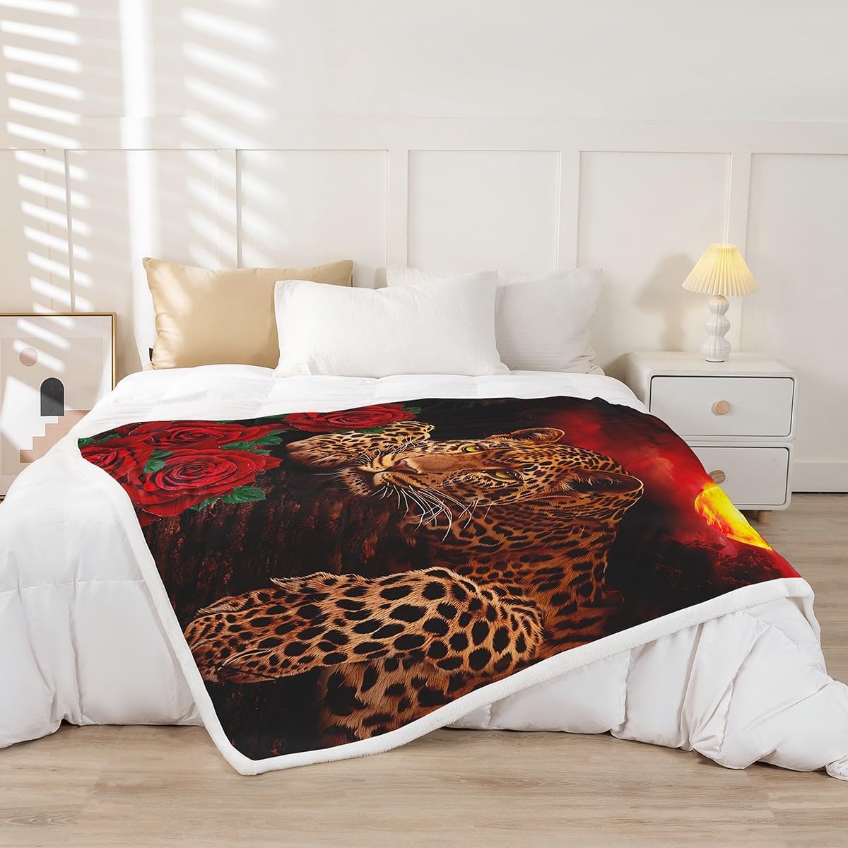 Sunset Fleece Throw Blanket Leopard Plush Blanket for Kids Adult Red Rose Floral Cheetah Print Sherpa Blanket Wild Animal Theme Fuzzy Blanket for Sofa Bed Couch, Luxury Room Decor Throw 50x60 Inch
