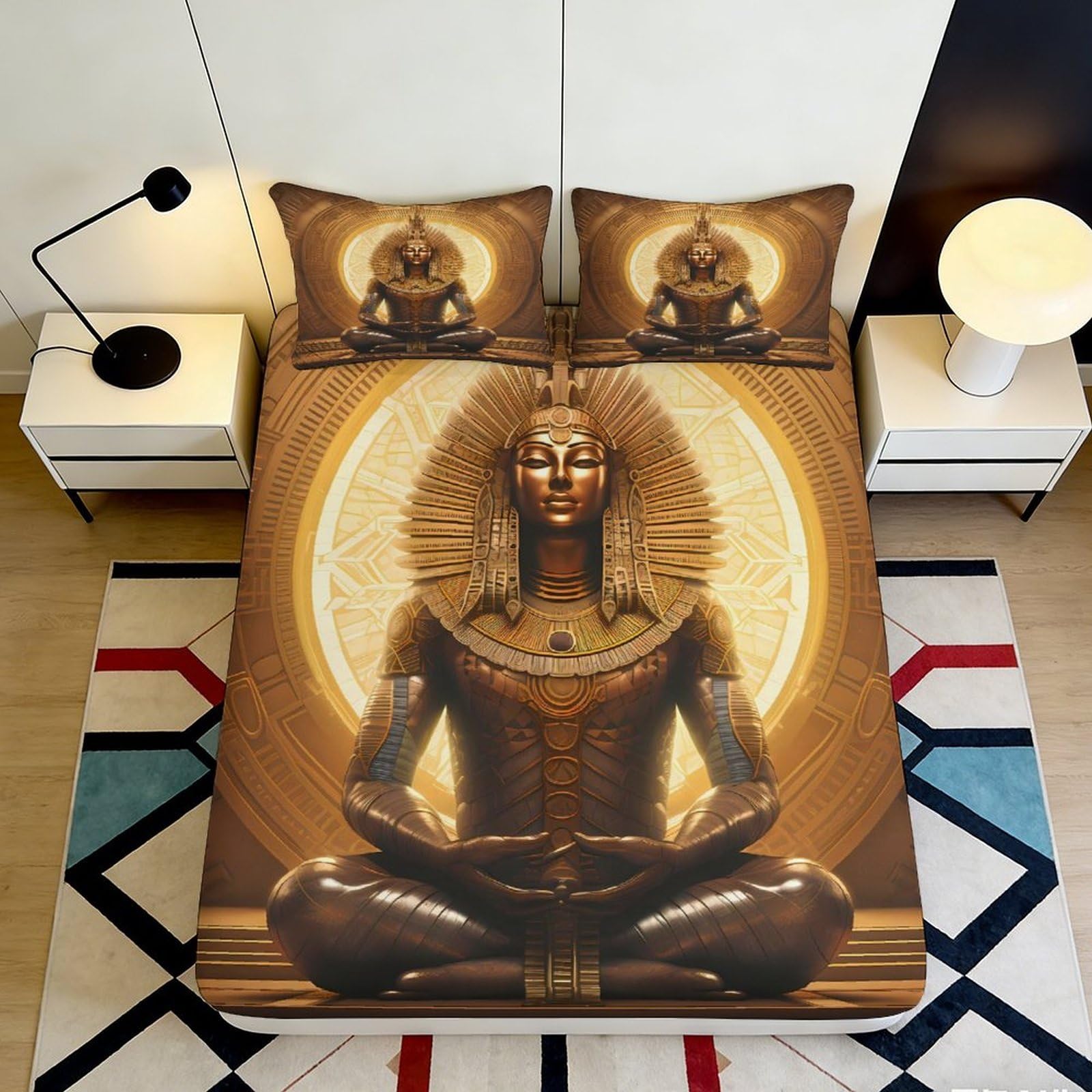3D Printed Golden Buddha Meditation Fitted Sheet Microfiber Anti-Slip Artistic Bed Cover for Bedroom Guest Room Decor 90x200x25cm