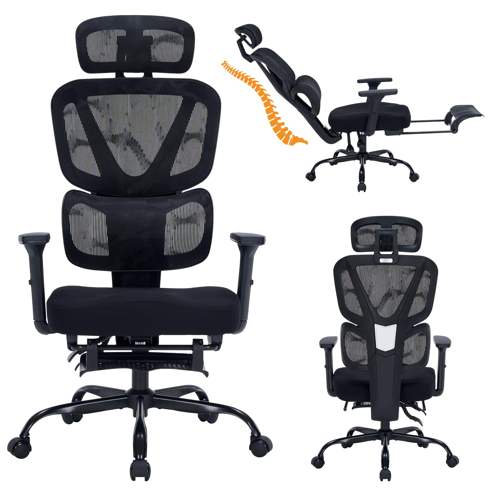 Ergonomic Office Chair with Footrest, 90-160° Reclining Mesh Desk Chair, 3D Armrest & 2D Headrest & Comfortable Lumbar Support, High Back Mesh Computer Chair for Home Office Long Hours, Tilt Lock Black