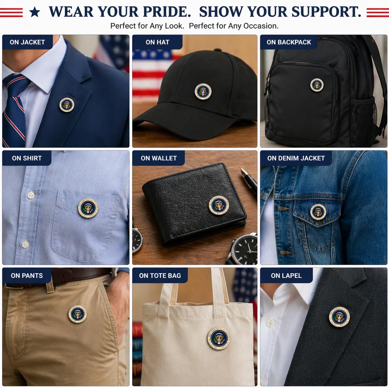 2 Pcs President of The United States Seal Presidential Pins, Patriot USA Logo Round Button Pins, Men's and Women's Metal Alloy Lapel Pins