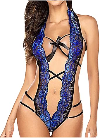 Women One Piece Lingerie Sexy Lace Bodysuit Deep V See-Through Teddy Babydoll Sleepwear Nightgown for Sex Naughty Play