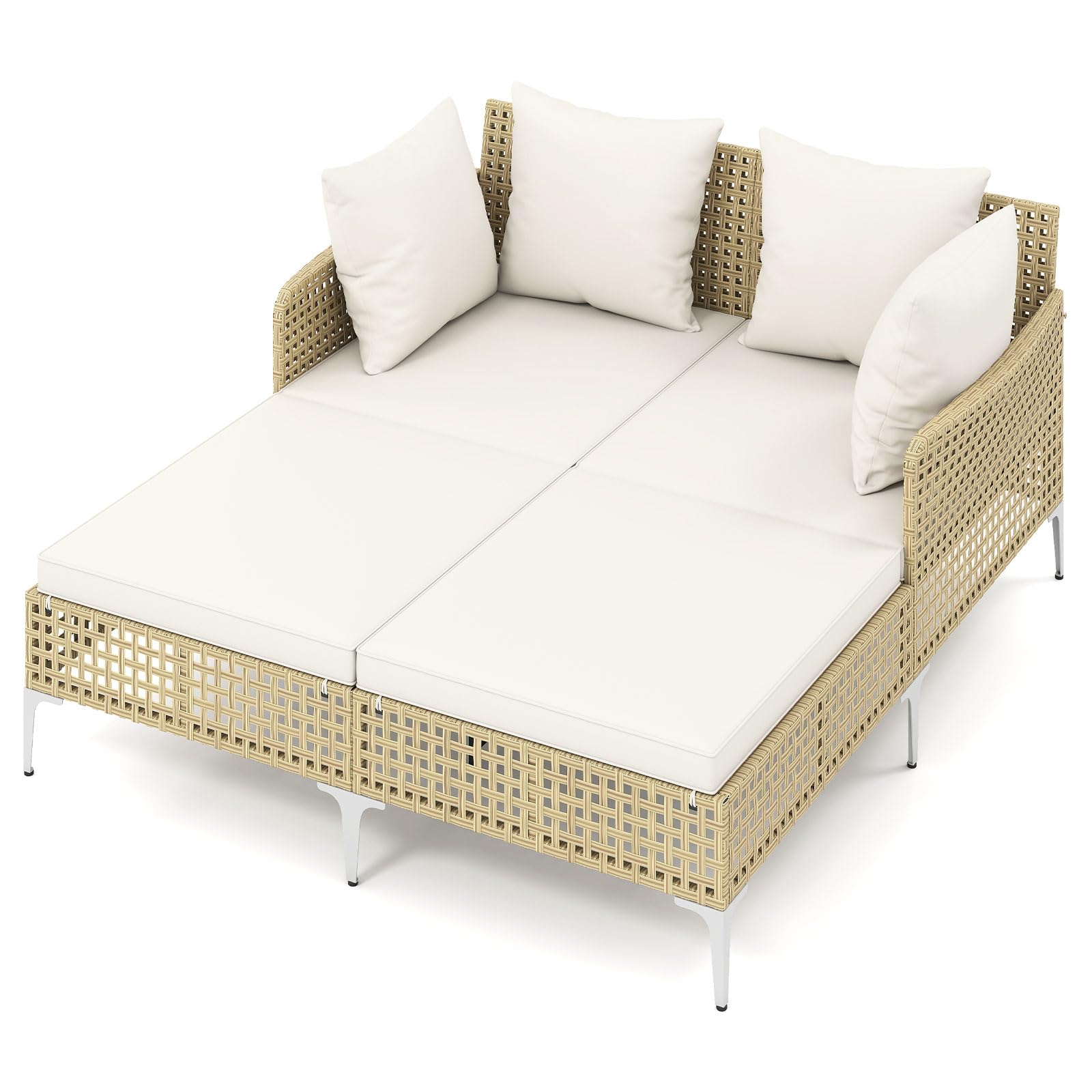 COSTWAY Sonnenliege 2 Personen, Rattan Doppelliege mit Sitz- & Rückenkissen, Gartenliege wetterfest, Liegestuhl, Sonnenbett, Outdoor Liege für Garten, Terrasse, Balkon