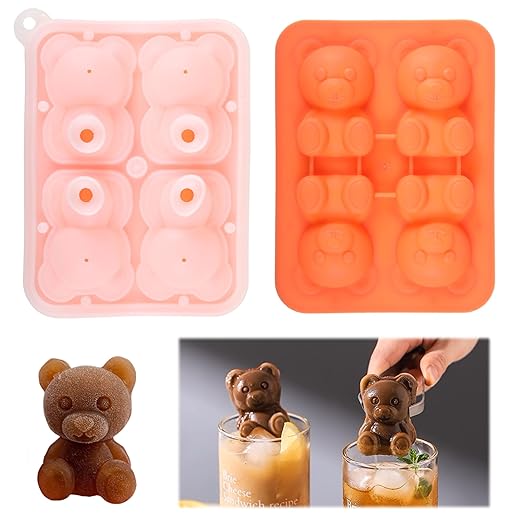Bär Eiswürfelform, Bär Eiswürfelform Silikon, Bär-Form Eiswürfel Form, 4 Fächer Eiswürfelschalen mit Deckel Süße 3D Bär Form Eisformen Silikon für Eis, Whiskey, Cocktail, Saft, Kaffee Eiskugelform