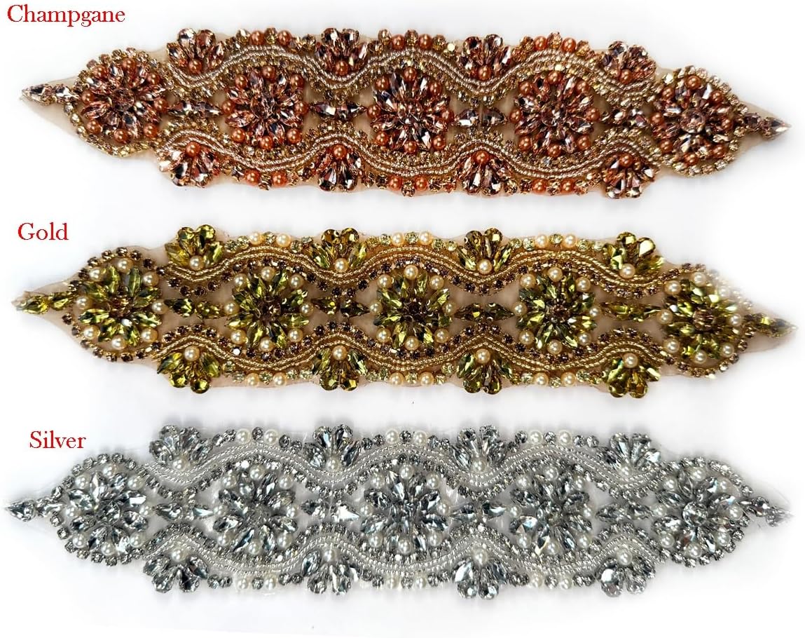 1PC Champgane Beautiful Rhinestones Beaded Applique Patch for Bridal Belts Hairband Bridal Dress Evening Gown Dance Costumes DIY Decoration 9.8 * 2.1 inches - Image 7