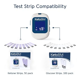 KetoBM Blood Glucose & Ketone Monitoring System - Bluetooth Meter Kit with Free App, Starter Kit with Glucose & Ketone Test Strips & Lancets | Complete Blood Sugar & Keto Testing Kit