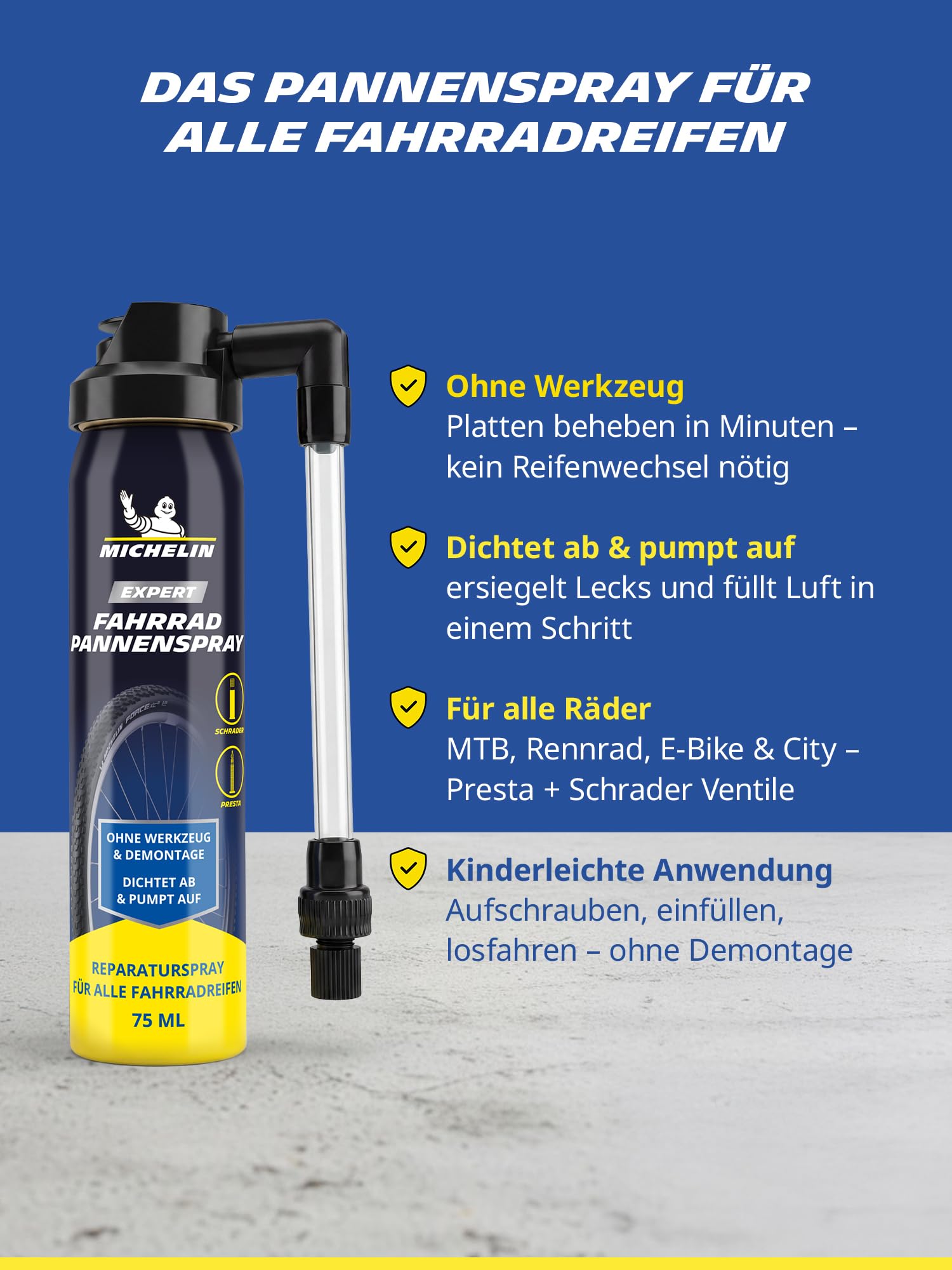 MICHELIN EXPERT Fahrrad Pannenspray 12 x 75 ml – Reifendichtmittel für alle Fahrradreifen & Ventile – Reifenpanne ohne Werkzeug Reparieren – für MTB, E-Bike & Rennrad