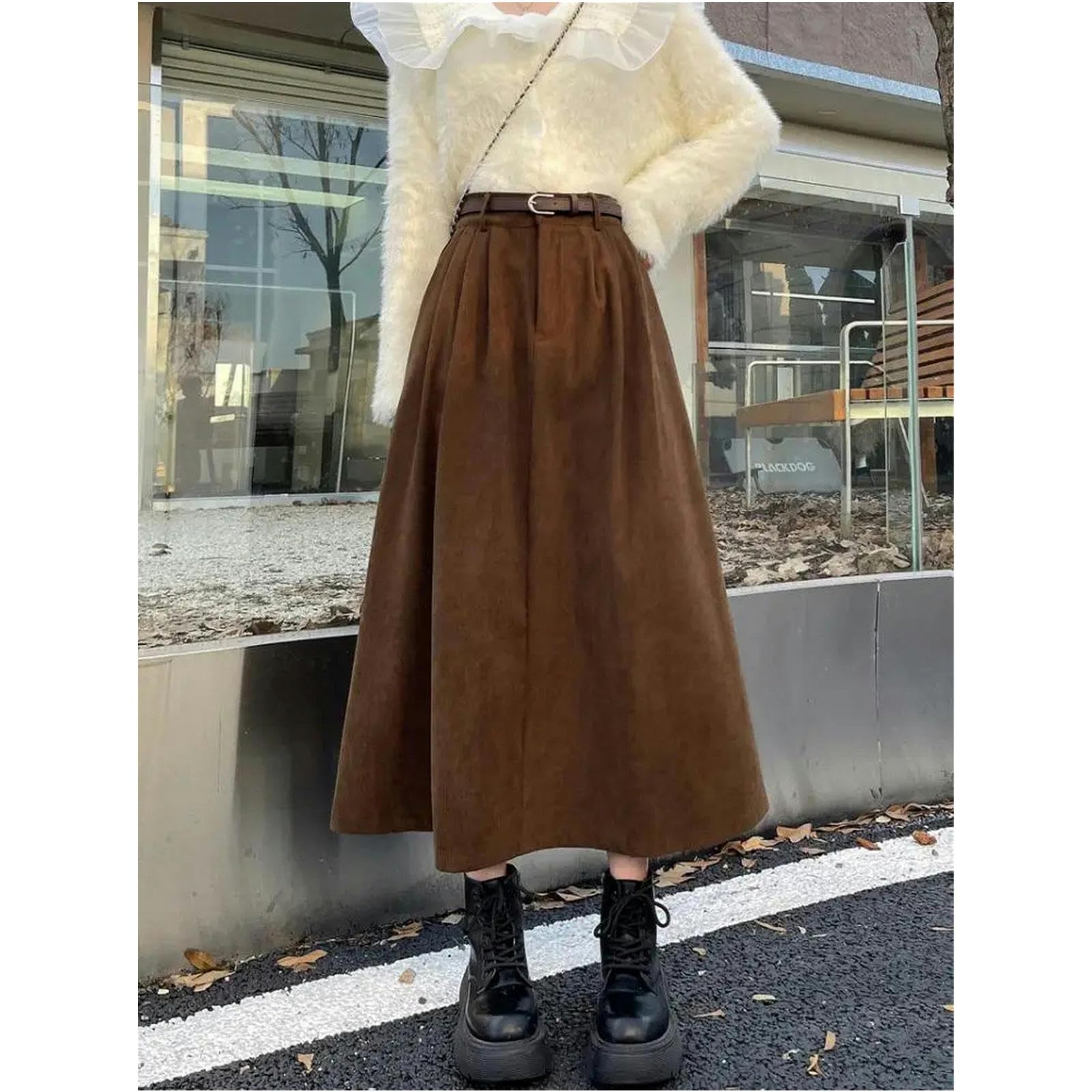 Gonna Lunga Donna Gonna Marrone delle Donne Autunno Inverno A Vita Alta in Velluto Gonna Lunga Stile College A Pieghe Gonne A-Line