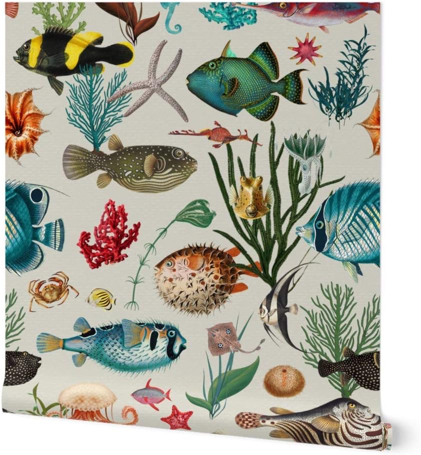 Peel & Stick Wallpaper Swatch - Beige Ocean Sea Creatures Fish Tropical Underwater Coral Custom Removable Wallpaper by Spoonflower
