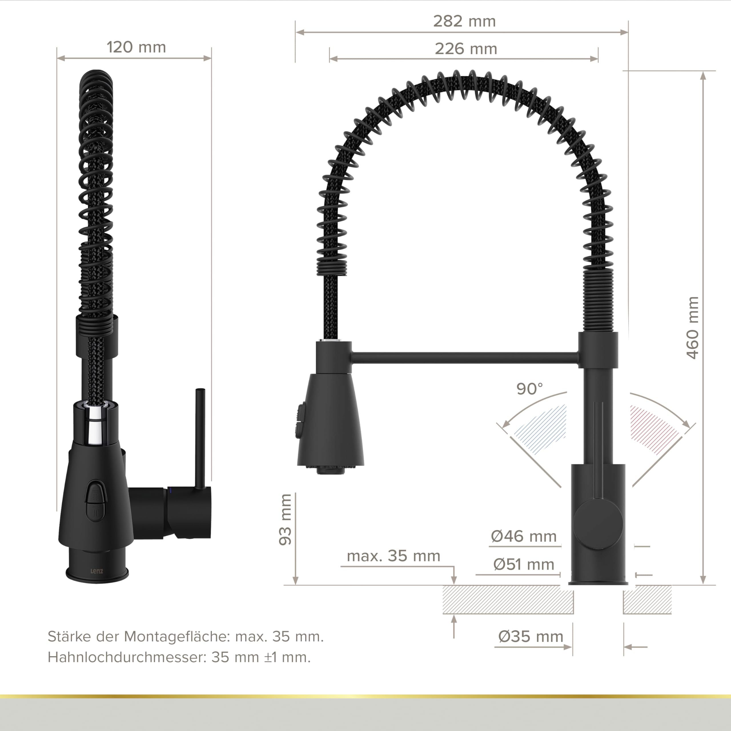 Lenz Küchenarmatur KALANI² in Schwarz-matt – Flexible Federbrause | Geschirrbrause mit 2 Strahlarten, Einfache Montage von oben, Anti-Fingerabdruck Oberfläche, Nickelfrei, Höhe 46 cm, 46070351