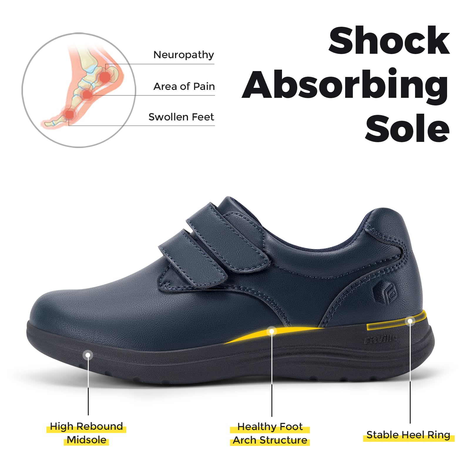 FitVille Scarpe Diabetici Donna Pelle Pianta Larga Scarpe Ortopediche Strappo Scarpe Comode da Passeggio pour Piedi Sensibili Piedi Gonfi