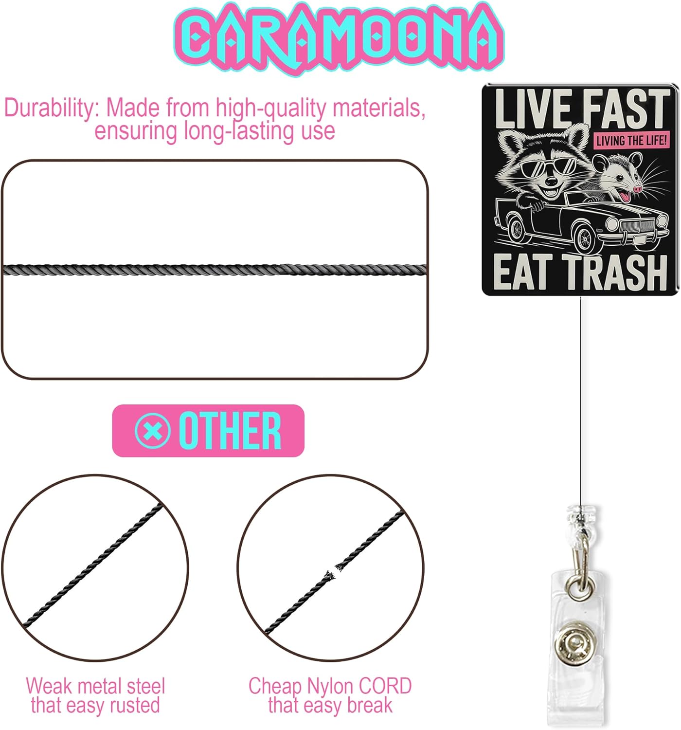 Live Fast Eat Trash Badge Reel Retractable 1.6 Inches Funny Raccoon Opossum, Sarcastic, Animal Lover, Meme Alligator Clip/Belt Clip, Acrylic Material, Badge Holder, Lanyards for Id Badges - Image 5