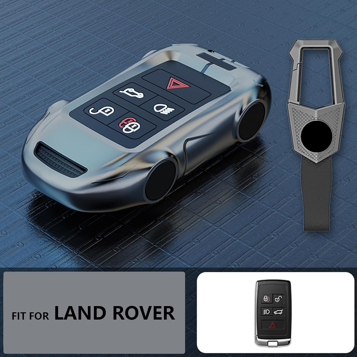 Zinc Alloy Metal Key Fob Case Cover Compatible with Land Rover Range Rover Evoque Sport Vogue Discovery 5 Jaguar E I-PACE 2018-2023, Full Protection Key Cover Shell(Gray Keychain)