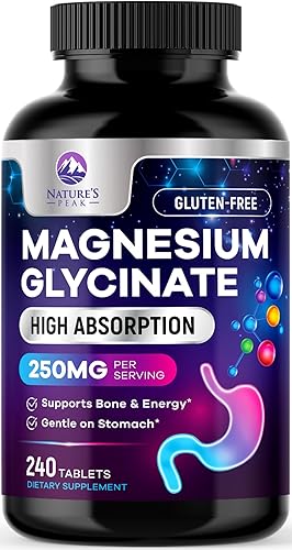 Suplemento de glicinato de magnesio 250 mg - 100% quelado y purificado - para apoyar el sueño, la salud cardíaca, los músculos y la fuerza ósea -