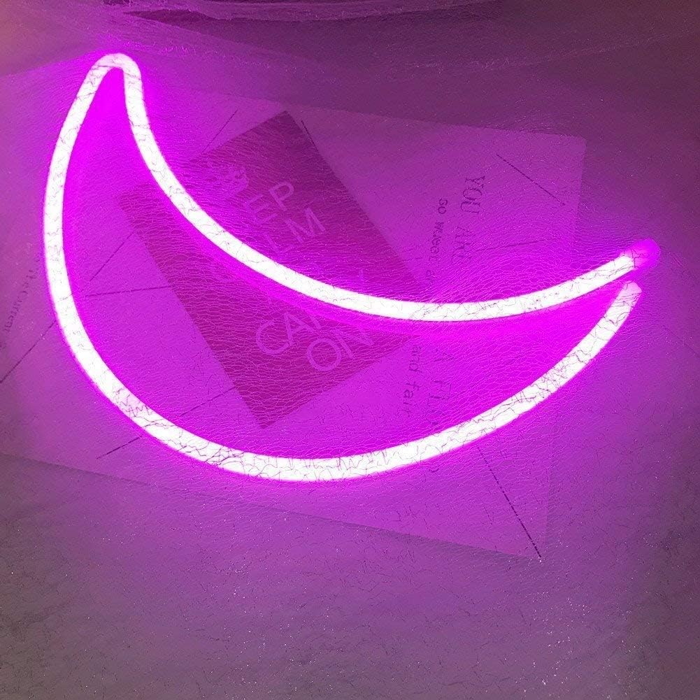 LED Neon Sign Night Light, Battery and USB Powered Signs Neon Lamp Decorative Neon Sign wall Lamp (Moon, Pink)
