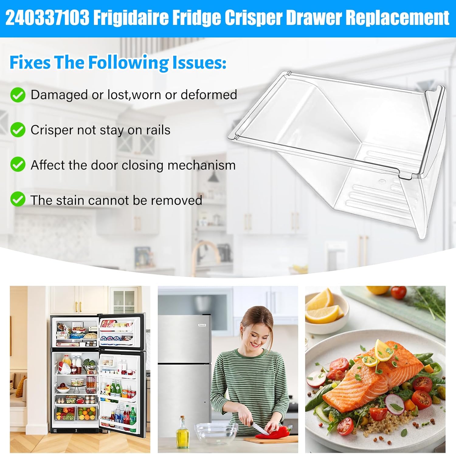 [2 PACK] Upgraded 240337103 Refrigerator Crisper Drawers Bins Compatible with Frigidaire Drawer Replacement 240337102 Kenmore Refrigerator Drawer,Frigidaire Crisper Drawer Replacement Fridge Drawer