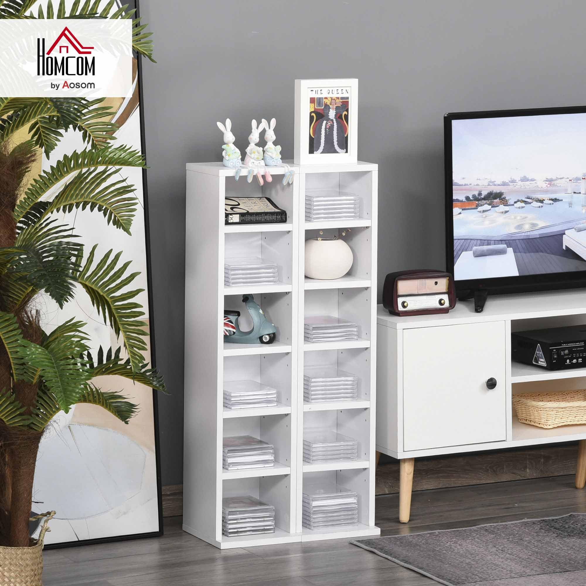 HOMCOM Set 2 Pezzi Scaffali a Colonna Porta CD e DVD a 12 Ripiani Regolabili per 204 CD, Mobile Libreria Alto Salvaspazio in Legno per Camera, Soggiorno e Ufficio, 21x22.5x88.5 cm, Bianco