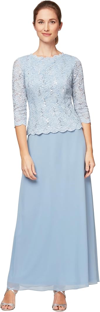 Alex Evenings Women's 3/4 Sleeve Stretch Lace Bodice Mock One Piece Gown
