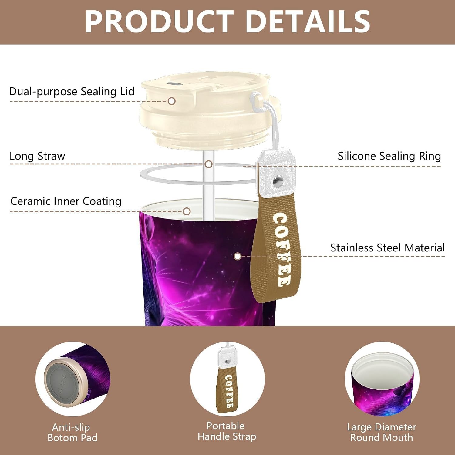 Capybara Cool Neon Insulated Coffee Mug with Straw & Flip Lid, 16.9oz Iced Tumbler Cup, Double Wall Vacuum Leak-Proof Mug for Travel Office
