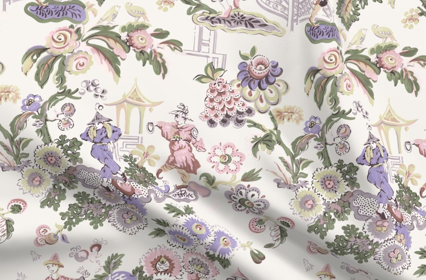 Spoonflower Fabric - Floral Chinoiserie Pagoda Garden Pastel Botanical Purple Pink Printed on Petal Cotton Fabric Fat Quarter - Sewing Quilting Apparel Crafts Decor