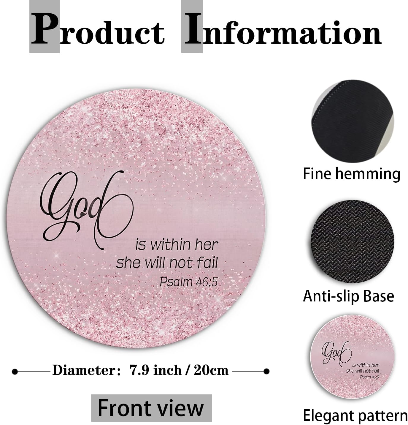 God is Within Her She Will Not Fail Pink Glitter Christian Mouse Pad for Desk, Pink Bible Verse Mousepads for Wireless Mouse Computers Laptop Home Office Supplies Accessories, 7.9x7.9 Inch image 2