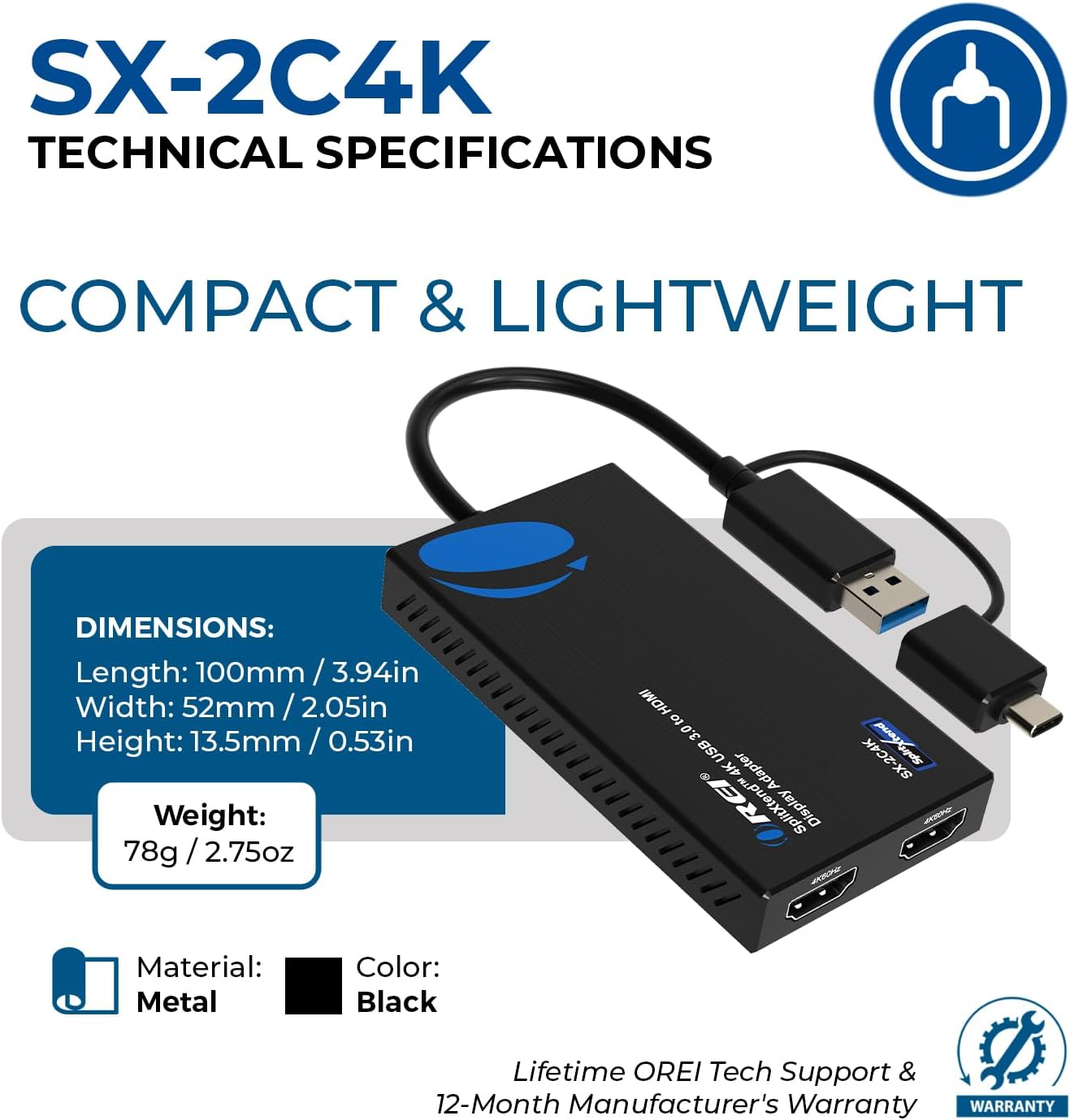OREI SplitExtend 4K HDMI Splitter Extended Display for Dual Monitor - Multi-Monitor Display 3 Separate Screens - USB A & USB-C Adapter to HDMI 2.0, 4K@60hz, DisplayLink Driver MacOS, Windows