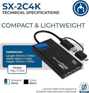 OREI SplitExtend 4K HDMI Splitter Extended Display for Dual Monitor - Multi-Monitor Display 3 Separate Screens - USB A & USB-C Adapter to HDMI 2.0, 4K@60hz, DisplayLink Driver MacOS, Windows