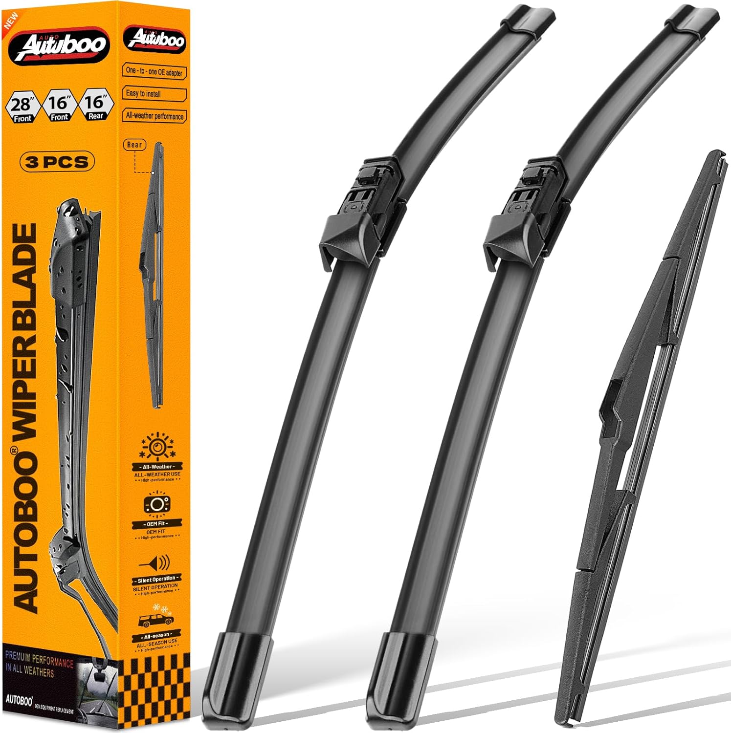 AUTOBOO 3-Pack Windshield Wiper Blades for Toyota Prius 2016-2023, Original Equipment Replacement 28"+16" Front and 16" Rear, All-Weather Performance, Easy One-Click Install