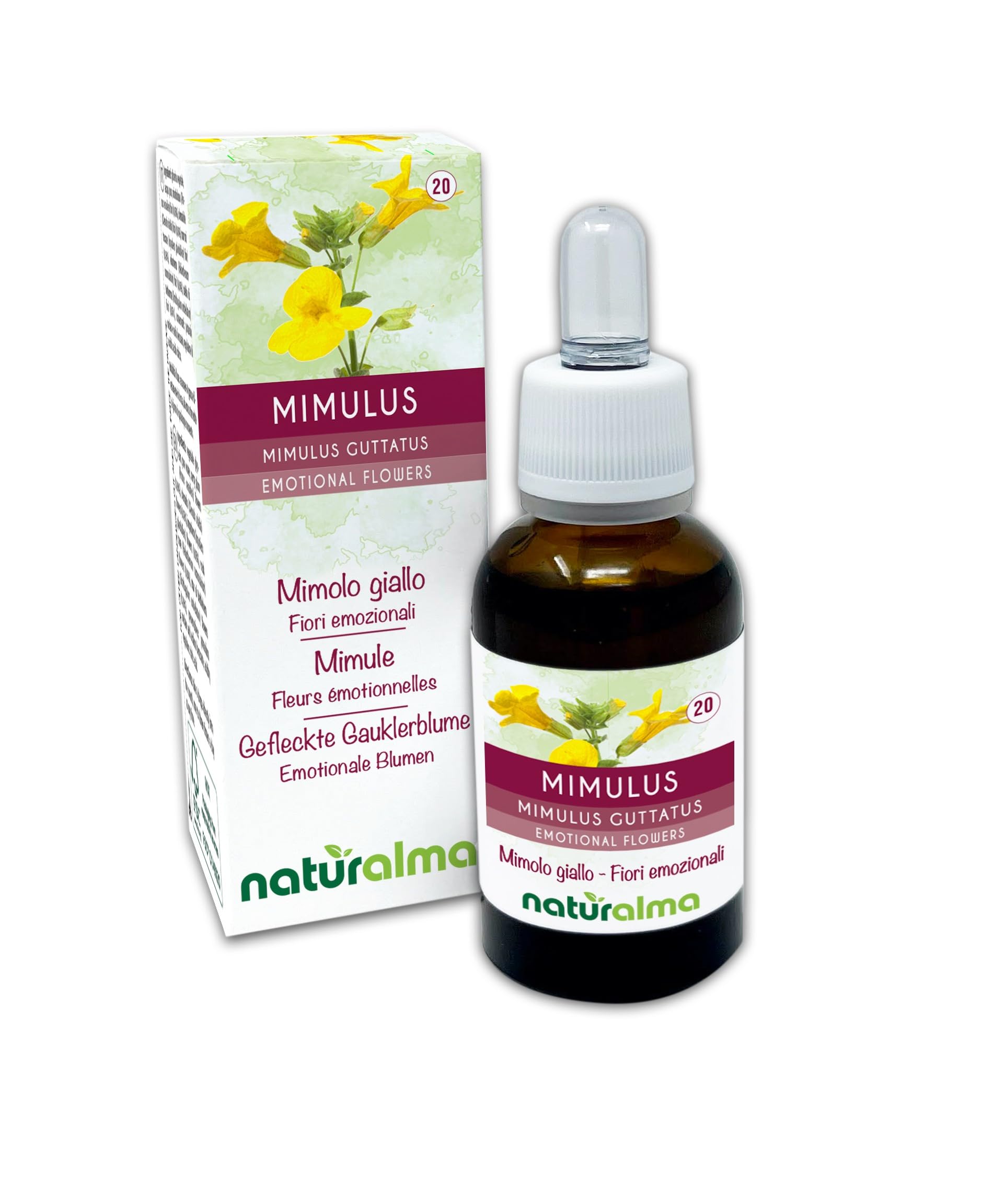 Mimulus (Mimulus guttatus) Naturalma Emotional Flowers or Bach Flowers - Drops 30 ml - Alcohol-Free Liquid Extract - Flower essences - Vegan and Without Alcohol