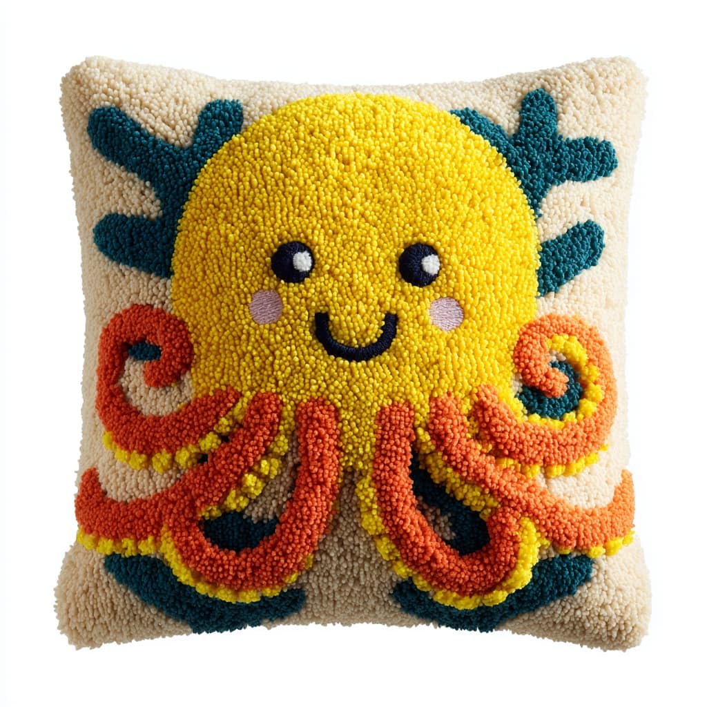 Taxpy DIY Latch Hook Kits, Cartoon Octopus Needlework Pillow Cover 43x43cm DIY Hooks Knitted Embroidered Carpet Pillow Embroidery Latch Hook Carpet Kit