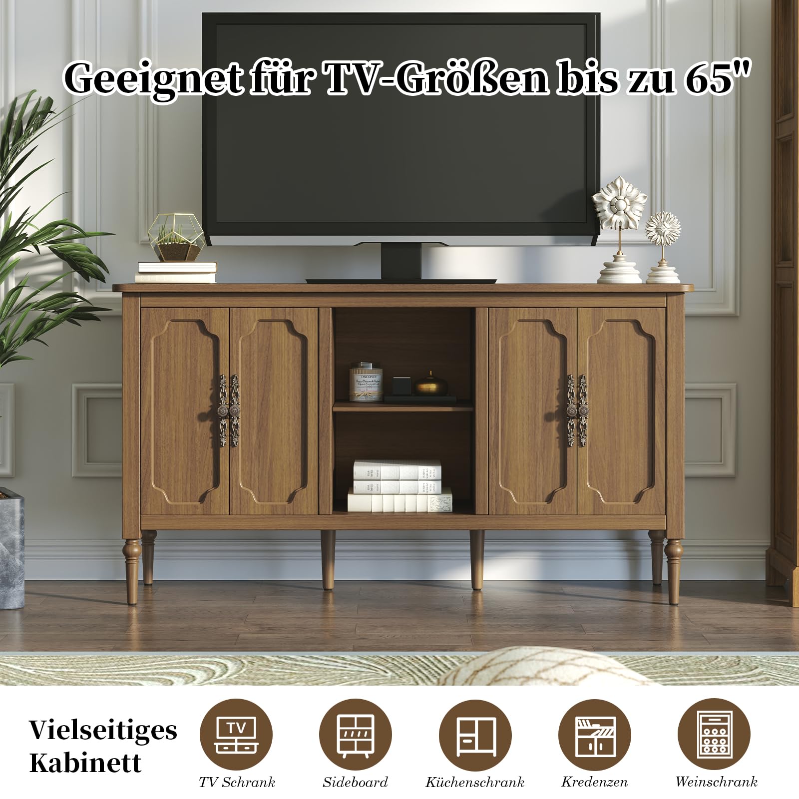 HOLTICO Kommode mit 4 Türen und Offenes Schrank, Vintage Akzent Sideboard Buffet Schrank Holz, Braun Kommoden & Sideboards für Wohnzimmer, Esszimmer, Küche