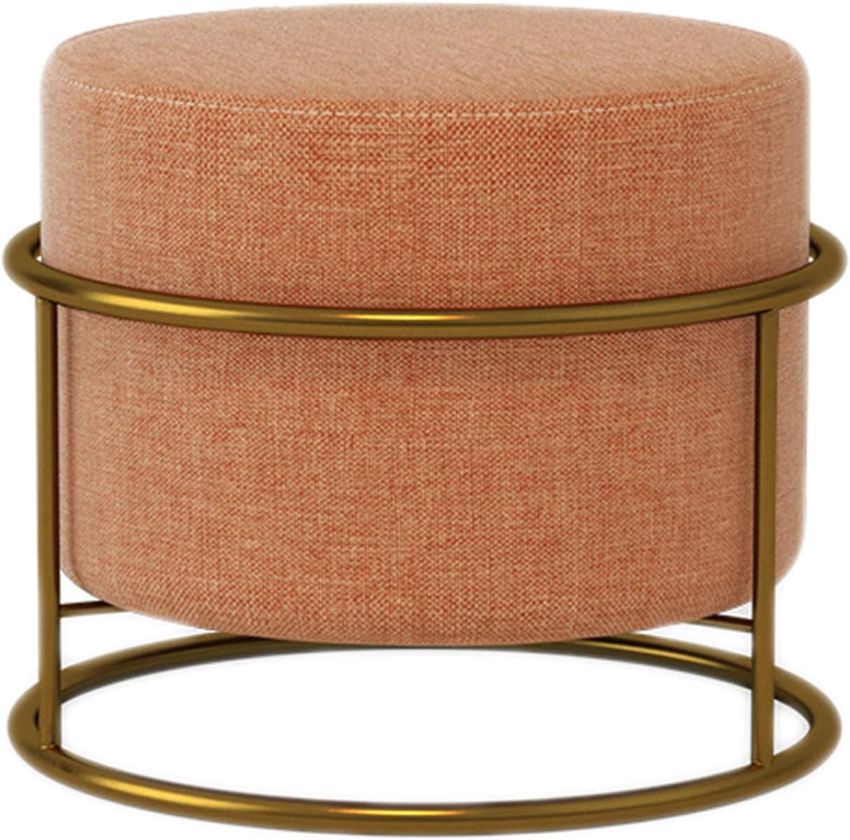 Round Foot Stool Leg Rest Soft Tufted Ottoman, Modern Linen Pouffe Chair Change Shoes Stool Upholstered Footstool for Home Living Room Bedroom Office,Linen Orange