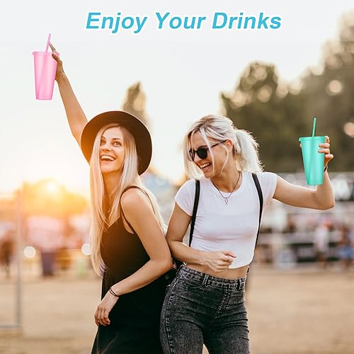 Vista 42 de Paquete de 24 vasos de plástico con tapas y popote, vasos reutilizables con tapas y pajillas, vasos coloridos para bebidas frías, café helado, vasos