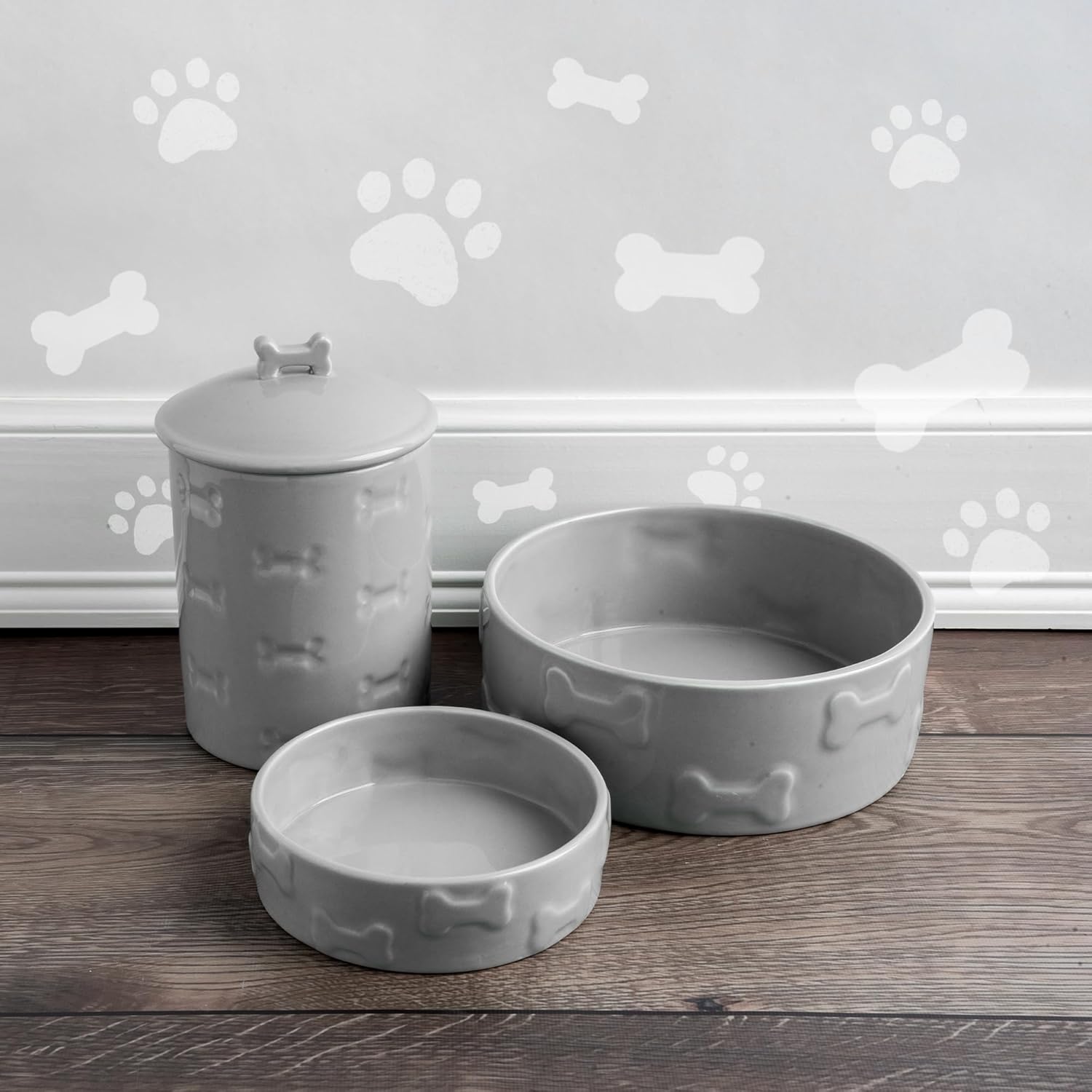Park Life Designs Manor Large Ceramic Pet Bowl, Durable Food & Water Dish for Dogs & Cats, Modern Design, Grey