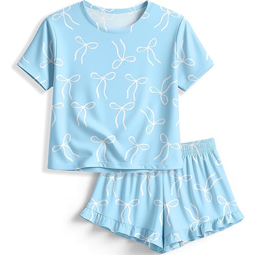Petite&Me Girls Pajama Set 2 Piece Short Sleeve Top and Shorts Soft Breathable Sleepwear Cute Print Kids Loungewear