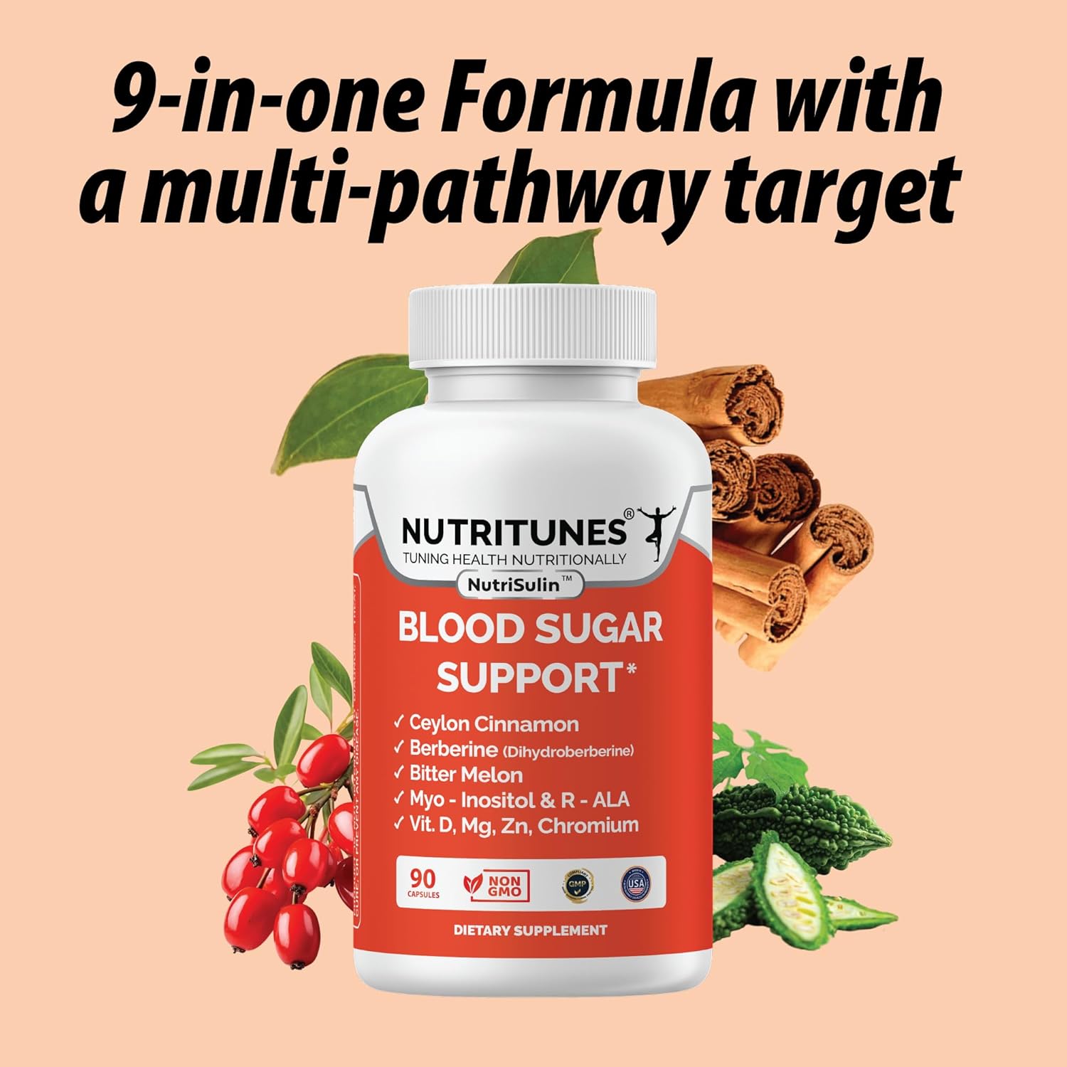 Ceylon Cinnamon & Berberine (Dihydroberberine) Supplement for Blood Sugar Support with Added Blood Sugar Complex Myo-Inositol Bitter Melon R-ALA VIT. D Chromium Magnesium & Zn– 90 NutriSulin Capsules