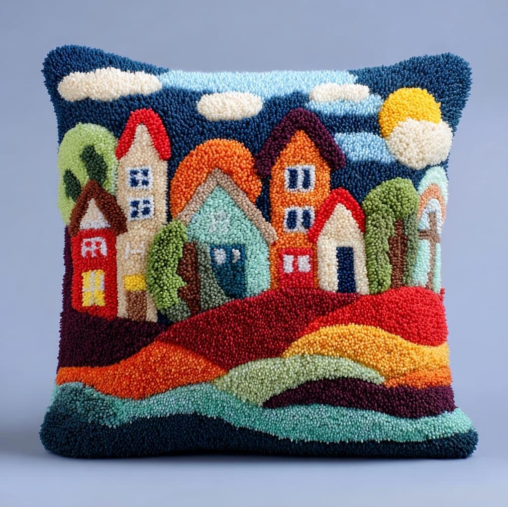 WallustrioaW Latch Hook Kits Pillow for Adults,Cartoon House in the Forest