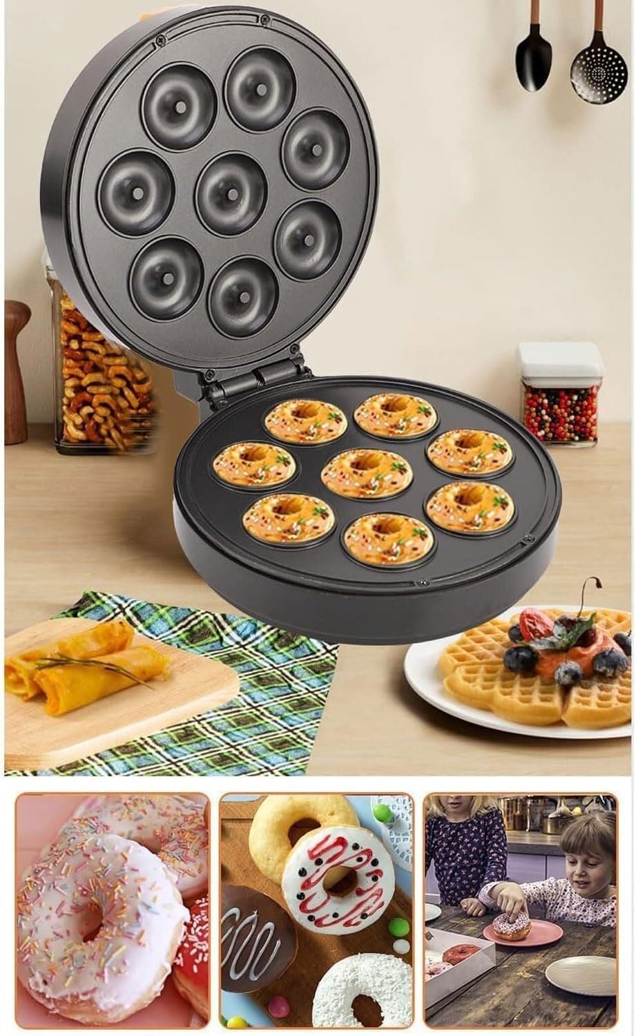 Electric Bagel Machine8 Holes, 1400W Automatic Pancake Doughnut Makers With Non-stick Coating, LED Indicator Light