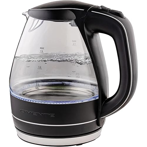 OVENTE Electric Kettle, 1.5L Borosilicate Glass Countertop Water Heater and Boiler for Coffee or Tea, BPA-Free, Auto Shut-Off, Boil-Dry Protection, Removable and Washable Spout Filter, Black KG83B