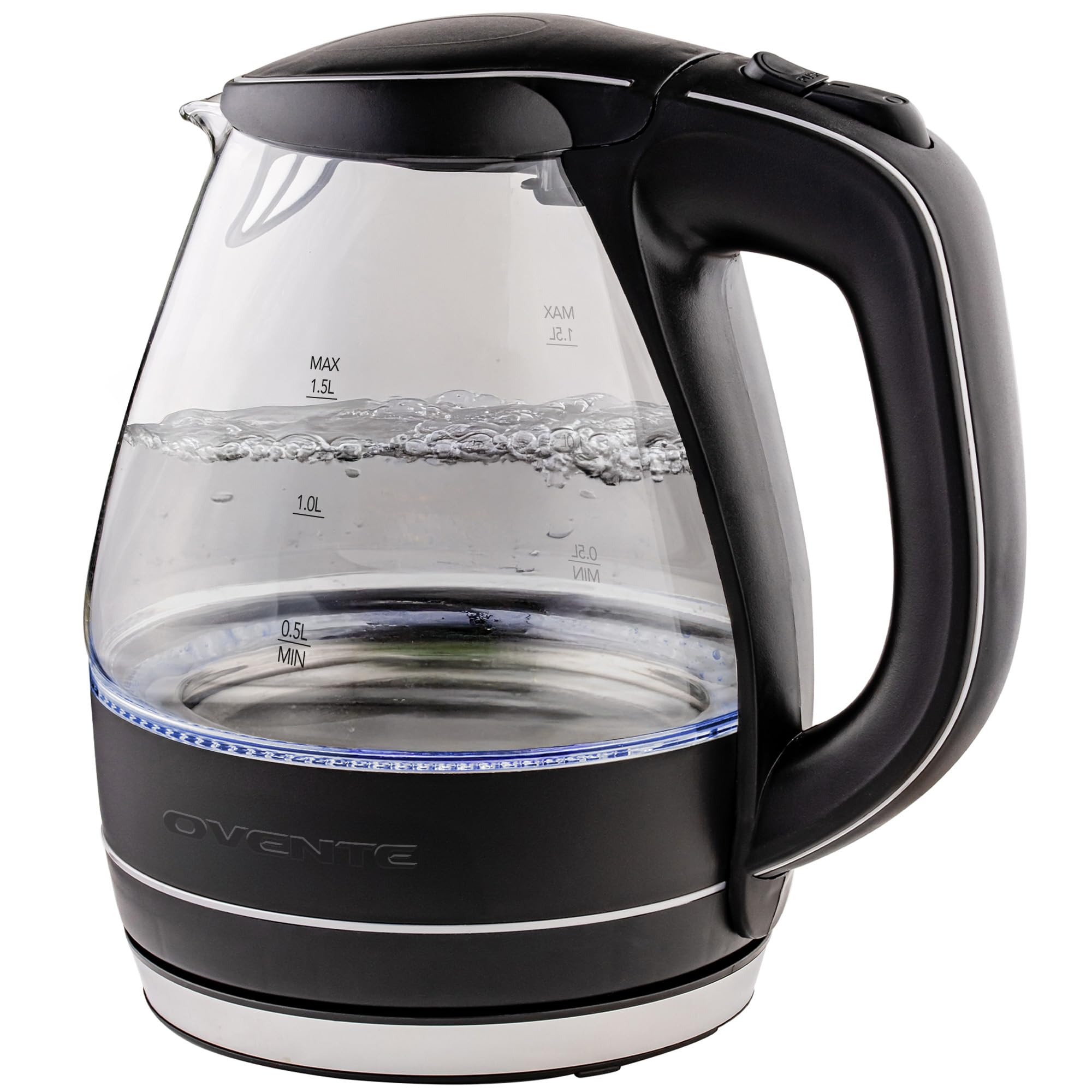 OVENTE Electric Kettle, 1.5L Borosilicate Glass Countertop Water Heater and Boiler for Coffee or Tea, BPA-Free, Auto Shut-Off, Boil-Dry Protection, Removable and Washable Spout Filter, Black KG83B