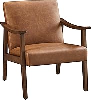 Yaheetech Mid-Century Modern PU Leather Accent Chair with High Back & Solid Wood Legs - Brown Armchair for Living Room Bedroom