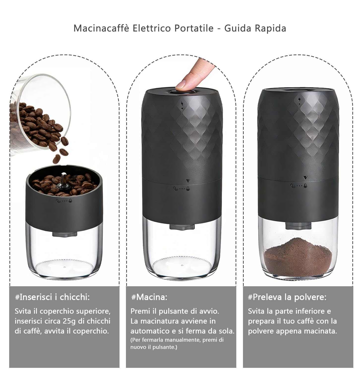 Macinacaffè elettrico portatile, macina conica con 5 gradi di macinazione regolabili, ricarica rapida USB-C e funzionamento con un solo pulsante, spazzola per la pulizia