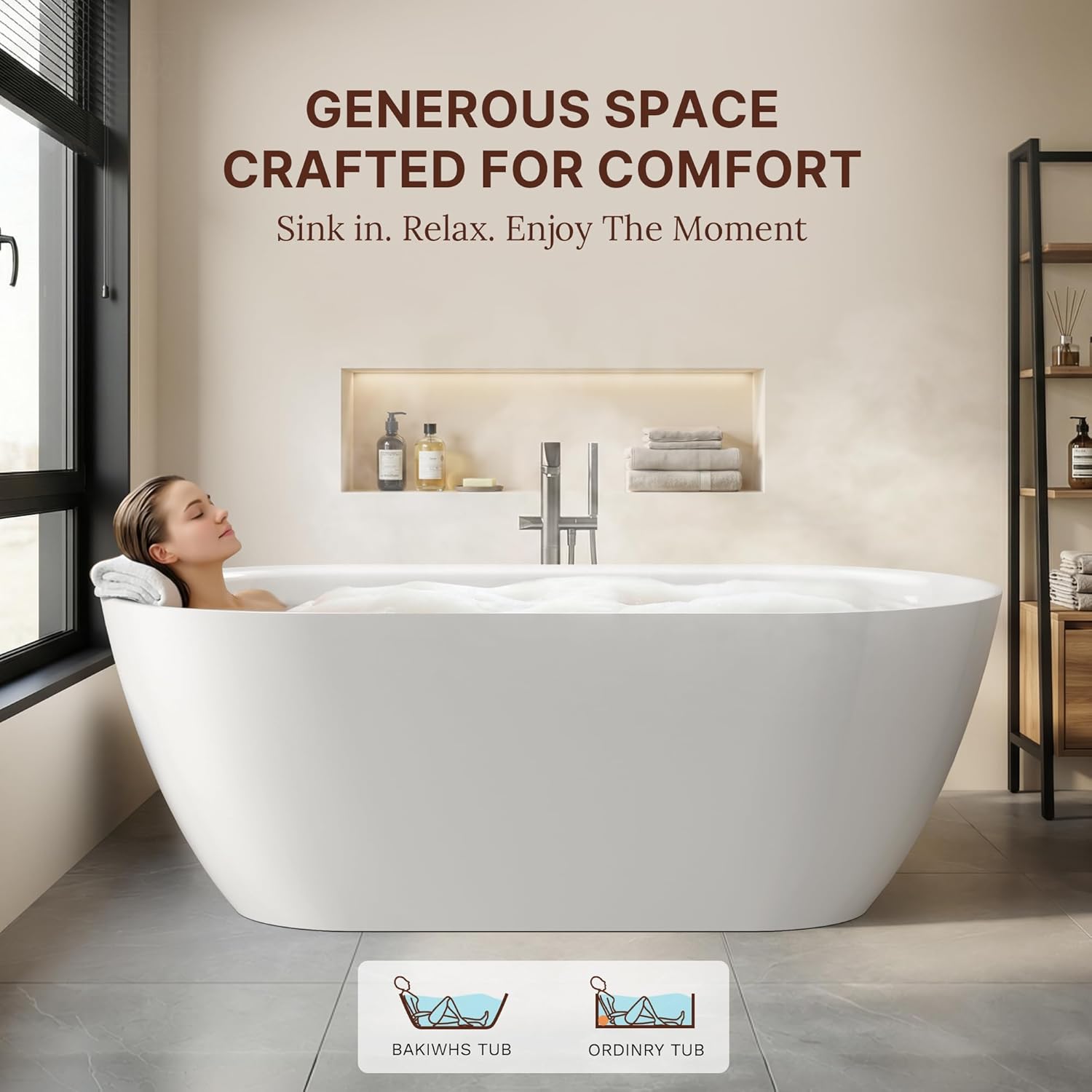 67" Freestanding Bathtub, Oval Deep Soaking Tub for Bathing, Modern Stand Alone Acrylic Bath Tub, with Integrated Overflow & Pop-Up Drain, cUPC Certified, Glossy White Finish
