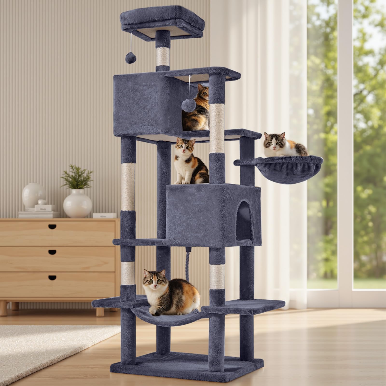 Aidoly Large Cat Tree 66 Inch, Multi-Level Tall Cat Tree Tower with Condo, Perches, Sisal Scratching Posts and Hammock, Pet Play House with Dangling