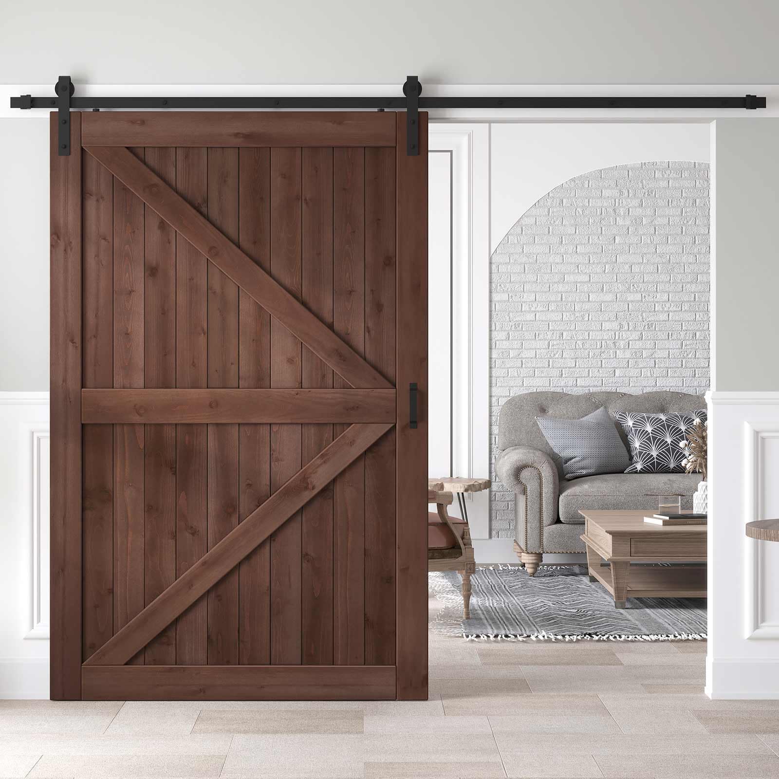 54x84 inch Sliding Barn Wood Door Slab with 9ft Hardware Kit and Handle, Coffee, K Shape, Simple DIY Assembly