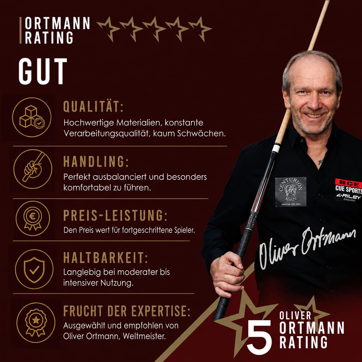 Riley Amerikanischer Billardqueue mit Kunstleder-Griffabschnitt, 58 (147 cm), 13 mm Spitze