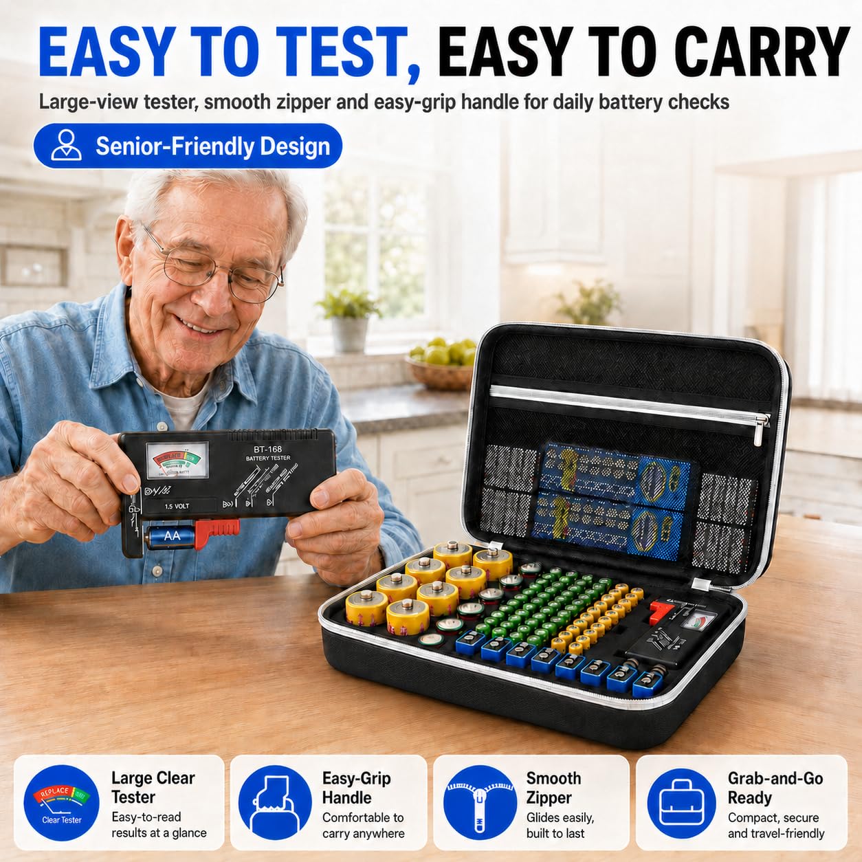 Batteriebox Aufbewahrung Batterien Tasche Case Variety Pack Organizer Batteriekasten mit Tester hält 140+ AA, AAA, C, D, 9V, cr1632, cr2016,Lithium 3V Knopfbatterien Caddy Container (Schwarz)