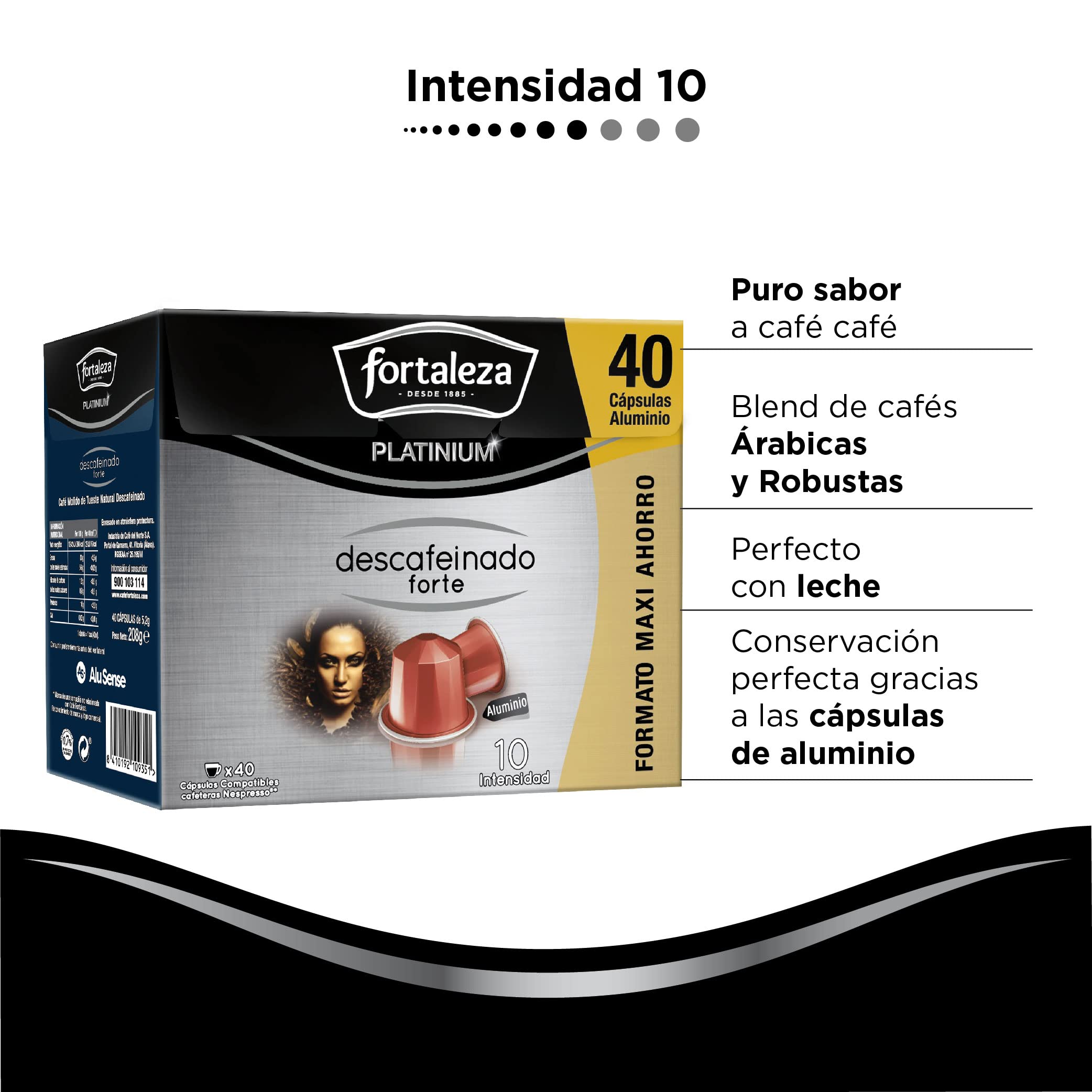 Café Fortaleza Platinium, Cápsulas Compatibles con Nespresso, de Aluminio, Descafeinado Forte, Sabor Intenso, Tueste Natural, Pack 4x40 - Total 160 uds